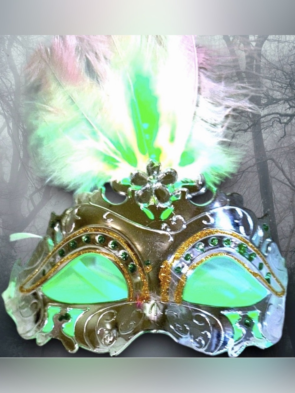 Costume Mask Light Up Green Fiber optic feather Mask NWT Halloween Festival